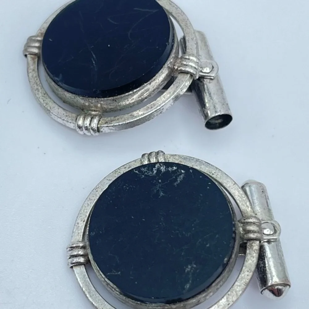 Vintage 80s Black Onyx Cufflinks Silver Tone Round Art Deco‎ Swivel Jewelry